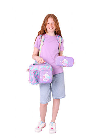 Kaukko Kids Kız Çocuklara Özel (Pembe Yeşil - Denizkızı Nakışlı ve Baskılı) Üçlü Okul Çantası Seti
