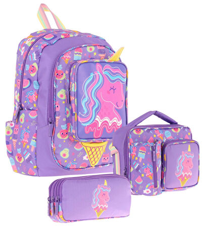 Kaukko Kids Kız Çocuklara Özel (Mor Sarı - Unicorn Detaylı) Üçlü Okul Çantası Seti
