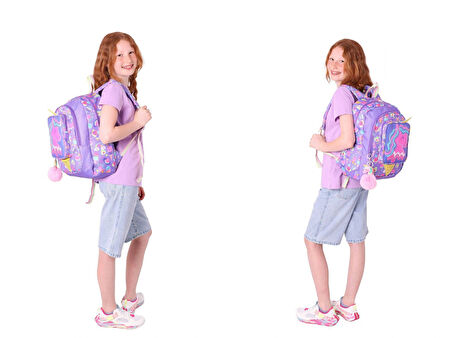 Kaukko Kids Kız Çocuklara Özel (Mor Sarı - Unicorn Detaylı) Üçlü Okul Çantası Seti