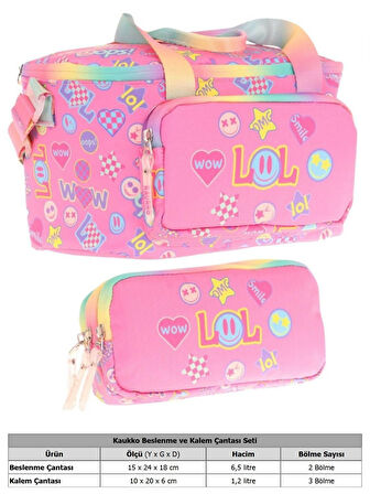 Kaukko (L7237+L8237) Beslenme Çantası (Isı Yalıtımlı) ve Kalem Çantası (Üç Bölme) Seti - Kız Çocuk - Pembe Lol Baskılı