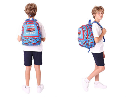 Kaukko Erkek Çocuk Dört Gözlü Okul Çantası ve Üç Gözlü Kalem Çantası Seti - Mavi Kırmızı - Yarış Arabası (L5268+L8268)