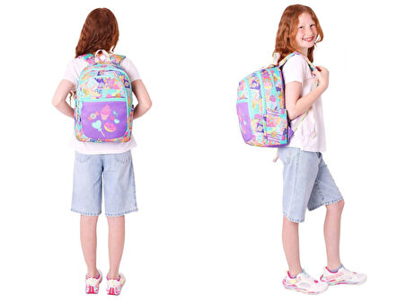 Kaukko Kız Çocuk Dört Gözlü Okul Çantası ve Üç Gözlü Kalem Çantası Seti - Yeşil Mor - Şekerleme (L5231+L8231)