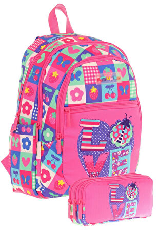 Kaukko Kız Çocuk Dört Gözlü Okul Çantası ve Üç Gözlü Kalem Çantası Seti - Pembe Mavi - Love (L5229+L8229)