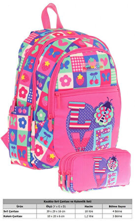 Kaukko Kız Çocuk Dört Gözlü Okul Çantası ve Üç Gözlü Kalem Çantası Seti - Pembe Mavi - Love (L5229+L8229)