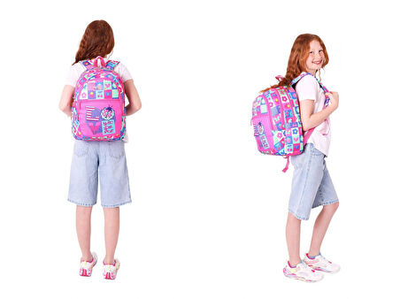 Kaukko Kız Çocuk Dört Gözlü Okul Çantası ve Üç Gözlü Kalem Çantası Seti - Pembe Mavi - Love (L5229+L8229)