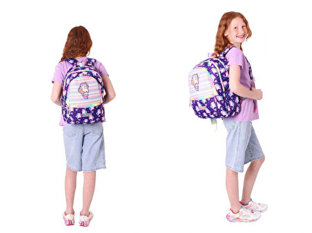Kaukko Kız Çocuk Dört Gözlü Okul Çantası ve Üç Gözlü Kalem Çantası Seti - Mor - Unicorn (L5228+L8228)