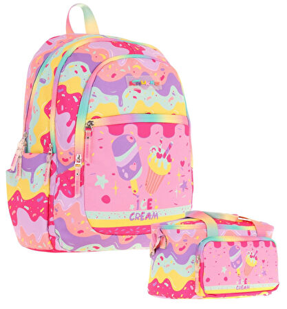 Kaukko Kids Kız Çocuk Okul Çantası ve Isı Yalıtımlı Beslenme Çantası Seti (L5232+L7232) Dondurma Baskılı - Pembe Sarı