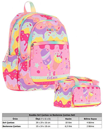 Kaukko Kids Kız Çocuk Okul Çantası ve Isı Yalıtımlı Beslenme Çantası Seti (L5232+L7232) Dondurma Baskılı - Pembe Sarı