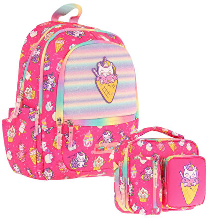 Kaukko Kids Kız Çocuk Okul Çantası ve Isı Yalıtımlı Beslenme Çantası Seti (L5227+L7227) Kauçuk Dondurma - Pembe