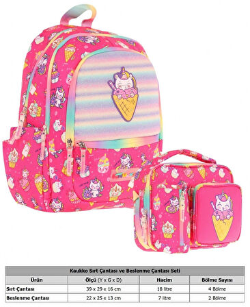 Kaukko Kids Kız Çocuk Okul Çantası ve Isı Yalıtımlı Beslenme Çantası Seti (L5227+L7227) Kauçuk Dondurma - Pembe
