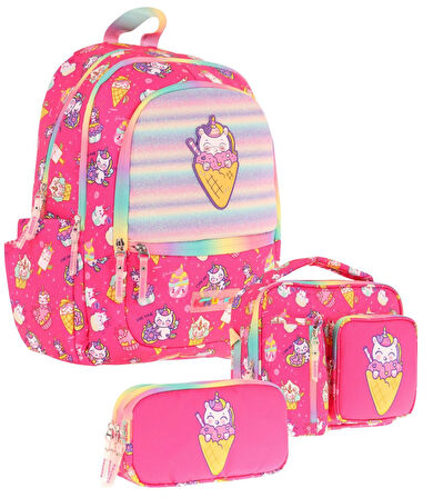 Kaukko Kids Üçlü Kız Çocuk İlkokul Okul Çantası Seti (L5227+L7227+L8227) Pembe - Kauçuk Dondurma