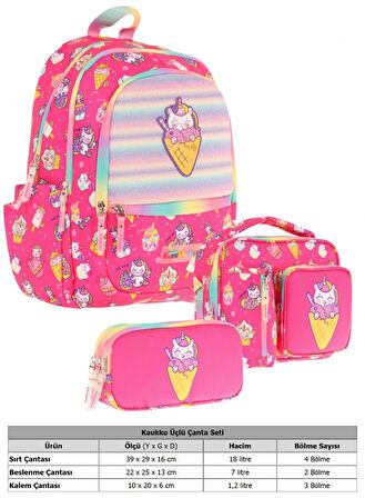 Kaukko Kids Üçlü Kız Çocuk İlkokul Okul Çantası Seti (L5227+L7227+L8227) Pembe - Kauçuk Dondurma