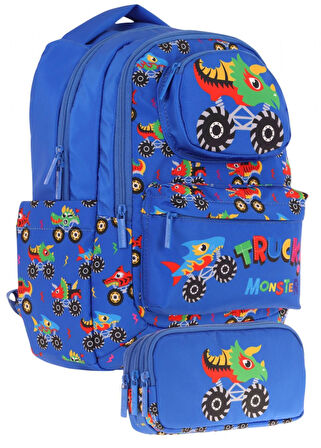 Kaukko Kids Toys Erkek Çocuk Mavi 3D Kamyon Şekilli İlkokul Çantası ve Kalemlik Seti (L5255+L8255)