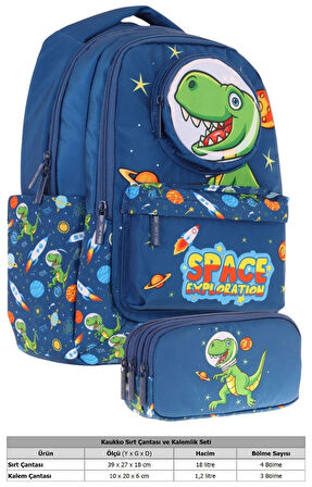 Kaukko Kids Toys Erkek Çocuk Lacivert 3D Dinazor Şekilli İlkokul Çantası ve Kalemlik Seti (L5252+L8252)