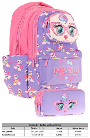 Kaukko Kids Toys Kız Çocuk Mor Pembe 3D Kedi Şekilli İlkokul Çantası ve Kalemlik Seti (L5236+L8236)