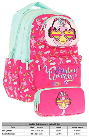 Kaukko Kids Toys Kız Çocuk Kırmızı Yeşil 3D Flamingo Şekilli İlkokul Çantası ve Kalemlik Seti (L5235+L8235)