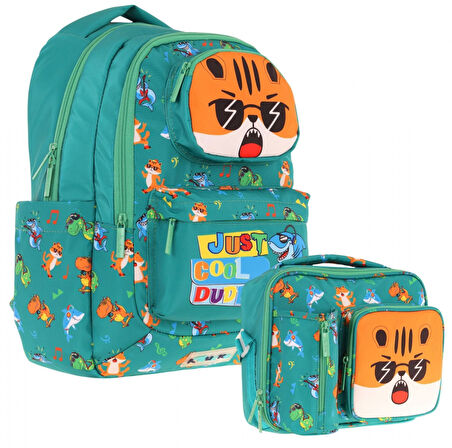 Kaukko Erkek Çocuk 3D Aslan Şekilli Yeşil Okul Sırt Çantası ve Isı Yalıtımlı Beslenme Çantası Seti