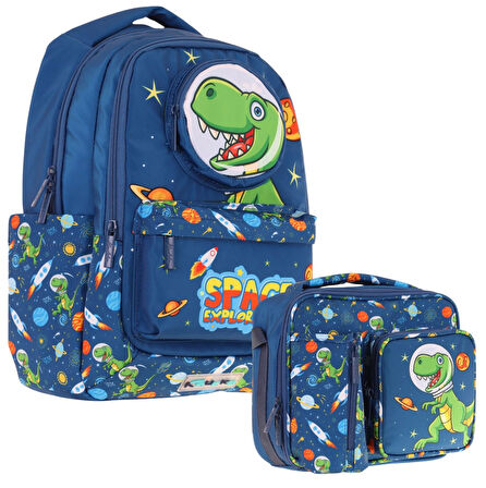 Kaukko Erkek Çocuk 3D Dinazor Şekilli Lacivert Okul Sırt Çantası ve Isı Yalıtımlı Beslenme Çantası Seti