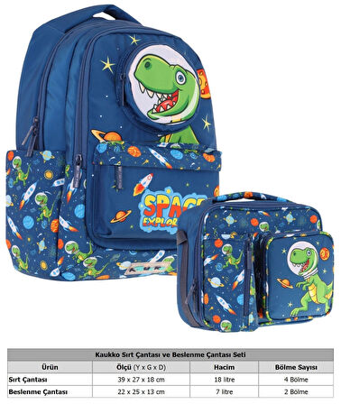 Kaukko Erkek Çocuk 3D Dinazor Şekilli Lacivert Okul Sırt Çantası ve Isı Yalıtımlı Beslenme Çantası Seti