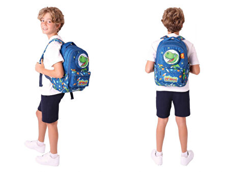 Kaukko Erkek Çocuk 3D Dinazor Şekilli Lacivert Okul Sırt Çantası ve Isı Yalıtımlı Beslenme Çantası Seti