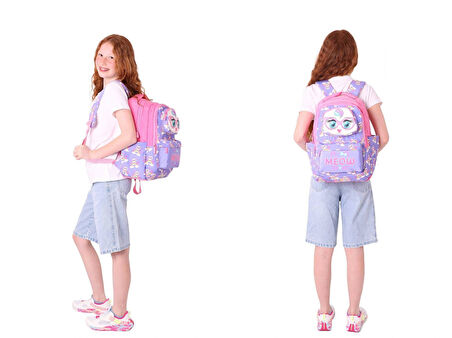 Kaukko Kız Çocuk 3D Kedi Şekilli Mor Pembe Okul Sırt Çantası ve Isı Yalıtımlı Beslenme Çantası Seti