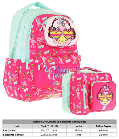 Kaukko Kız Çocuk 3D Flamingo Şekilli Kırmızı Yeşil Okul Sırt Çantası ve Isı Yalıtımlı Beslenme Çantası Seti