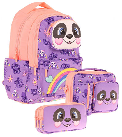 Kaukko Kids 3D Panda Şekilli Kız Çocuk Üçlü Okul Çantası Seti/Takımı - Mor Somon (L5233+L7233+L8233)