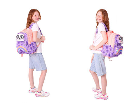 Kaukko Kids 3D Panda Şekilli Kız Çocuk Üçlü Okul Çantası Seti/Takımı - Mor Somon (L5233+L7233+L8233)
