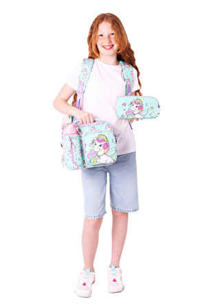 Kaukko Kids 3D Unicorn Şekilli Kız Çocuk Üçlü Okul Çantası Seti/Takımı - Turkuaz (L5234+L7234+L8234)
