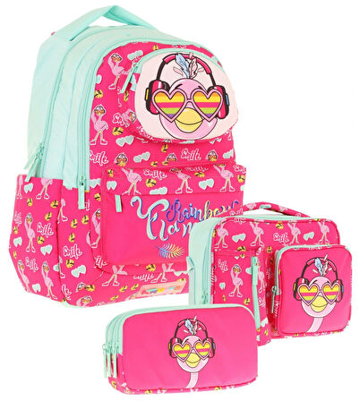 Kaukko Kids 3D Flamingo Şekilli Kız Çocuk Üçlü Okul Çantası Seti/Takımı - Kırmızı Yeşil (L5235+L7235+L8235)
