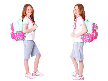 Kaukko Kids 3D Flamingo Şekilli Kız Çocuk Üçlü Okul Çantası Seti/Takımı - Kırmızı Yeşil (L5235+L7235+L8235)