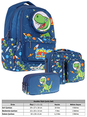 Kaukko Kids 3D Dinazor Şekilli Erkek Çocuk Üçlü Okul Çantası Seti/Takımı - Lacivert (L5252+L7252+L8252)