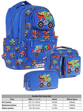 Kaukko Kids 3D Kamyon Şekilli Erkek Çocuk Üçlü Okul Çantası Seti/Takımı - Mavi (L5255+L7255+L8255)