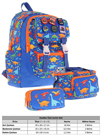 Kaukko Kids Armalı Dinazor Desenli Erkek Çocuk Üçlü İlkokul Okul Çantası Seti - Mavi