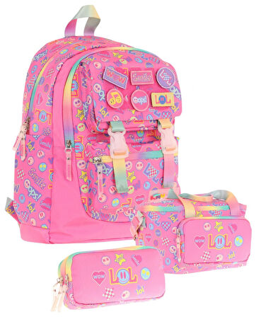 Kaukko Kids Armalı Yazı Desenli Kız Çocuk Üçlü İlkokul Okul Çantası Seti - Pembe