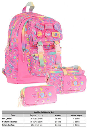 Kaukko Kids Armalı Yazı Desenli Kız Çocuk Üçlü İlkokul Okul Çantası Seti - Pembe