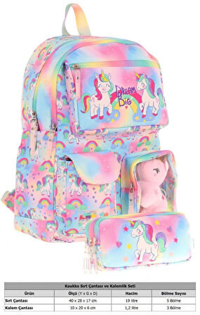 Kaukko Kız Çocuk Beş Bölmeli Okul Çantası ve Üç Bölmeli Kalemlik Seti - Peluş Unicornlu - Pembe