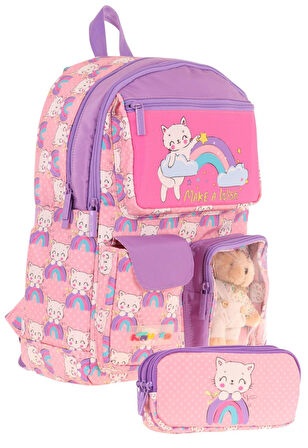 Kaukko Kız Çocuk Beş Bölmeli Okul Çantası ve Üç Bölmeli Kalemlik Seti - Peluş Kedili - Pembe Mor