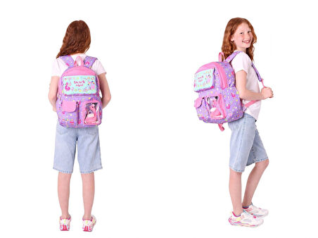 Kaukko Kız Çocuk Beş Bölmeli Okul Çantası ve Üç Bölmeli Kalemlik Seti - Peluş Flamingolu - Mor Pembe