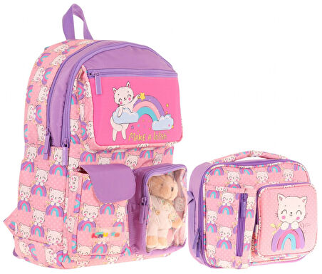 Kaukko Peluş Kedili Pembe Mor Kız ÇocukLar İçin Okul Çantası ve Beslenme Çantası Seti (L5241+L7241)