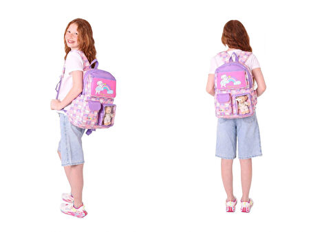 Kaukko Peluş Kedili Pembe Mor Kız ÇocukLar İçin Okul Çantası ve Beslenme Çantası Seti (L5241+L7241)