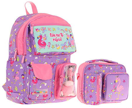 Kaukko Peluş Flamingolu Mor Pembe Kız ÇocukLar İçin Okul Çantası ve Beslenme Çantası Seti (L5240+L7240)