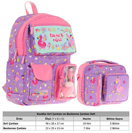 Kaukko Peluş Flamingolu Mor Pembe Kız ÇocukLar İçin Okul Çantası ve Beslenme Çantası Seti (L5240+L7240)