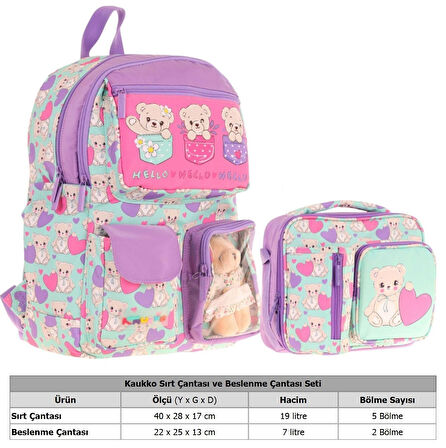 Kaukko Peluş Ayıcıklı Yeşil Mor Kız ÇocukLar İçin Okul Çantası ve Beslenme Çantası Seti (L5239+L7239)