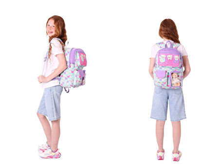 Kaukko Peluş Ayıcıklı Yeşil Mor Kız ÇocukLar İçin Okul Çantası ve Beslenme Çantası Seti (L5239+L7239)