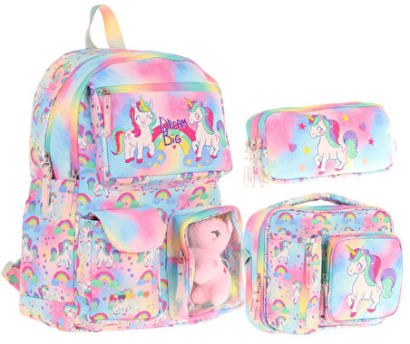 Kaukko Kids Kız Çocuk İlkokul Okul Çantası Seti - Peluş Unicornlu - Pembe (L5243+L7243+L8243)
