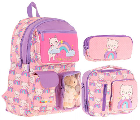 Kaukko Kids Kız Çocuk İlkokul Okul Çantası Seti - Peluş Kedili - Pembe Mor (L5241+L7241+L8241)