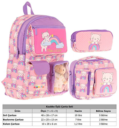 Kaukko Kids Kız Çocuk İlkokul Okul Çantası Seti - Peluş Kedili - Pembe Mor (L5241+L7241+L8241)