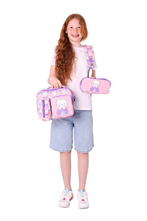 Kaukko Kids Kız Çocuk İlkokul Okul Çantası Seti - Peluş Kedili - Pembe Mor (L5241+L7241+L8241)