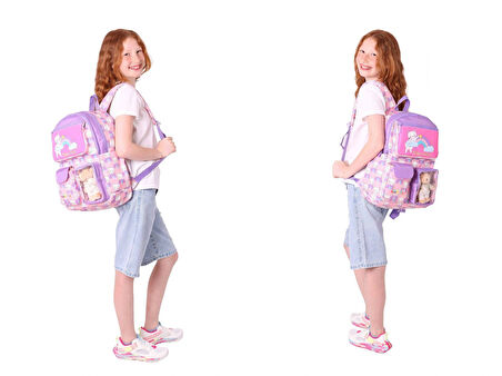 Kaukko Kids Kız Çocuk İlkokul Okul Çantası Seti - Peluş Kedili - Pembe Mor (L5241+L7241+L8241)